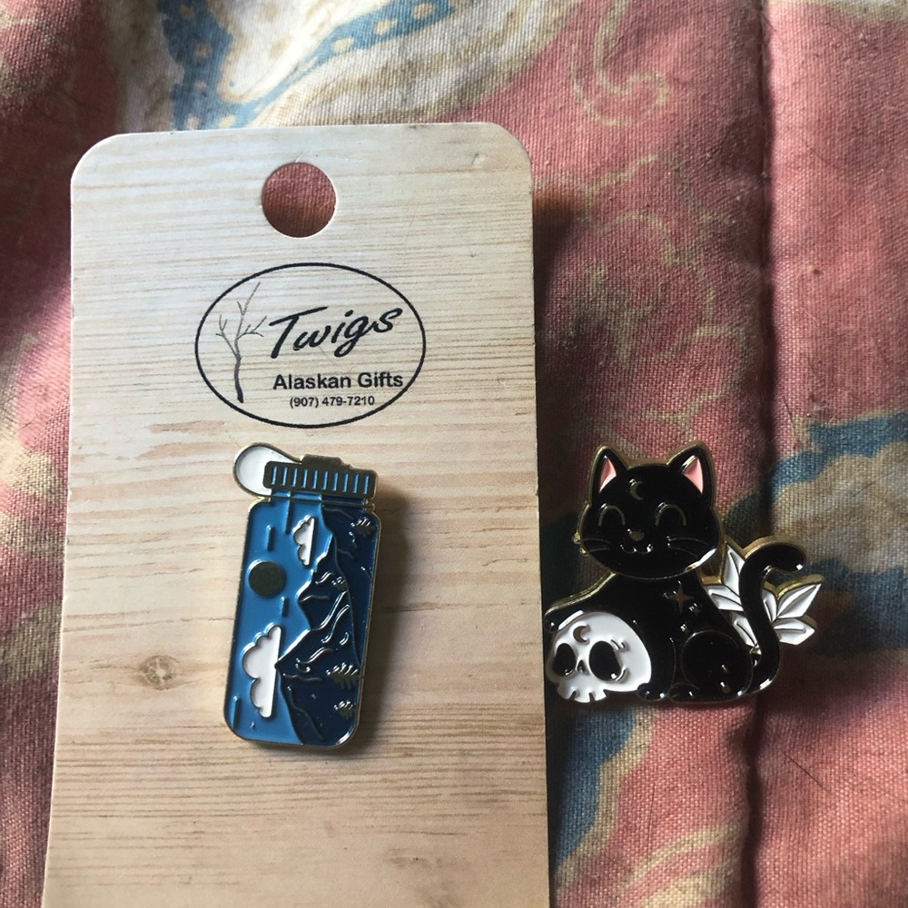 Bundle Blue Enamel Jar Pin & Halloween cat pin